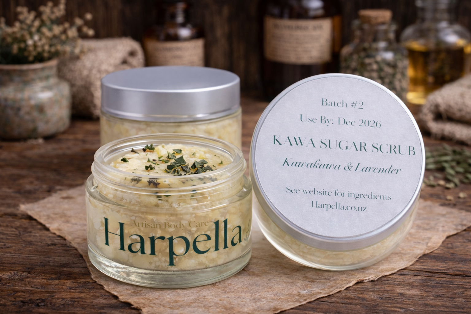 Harpella Kawakawa Body Scrub Lavender and Manuka| NZ Made Natural Exfoliating Sugar Scrub