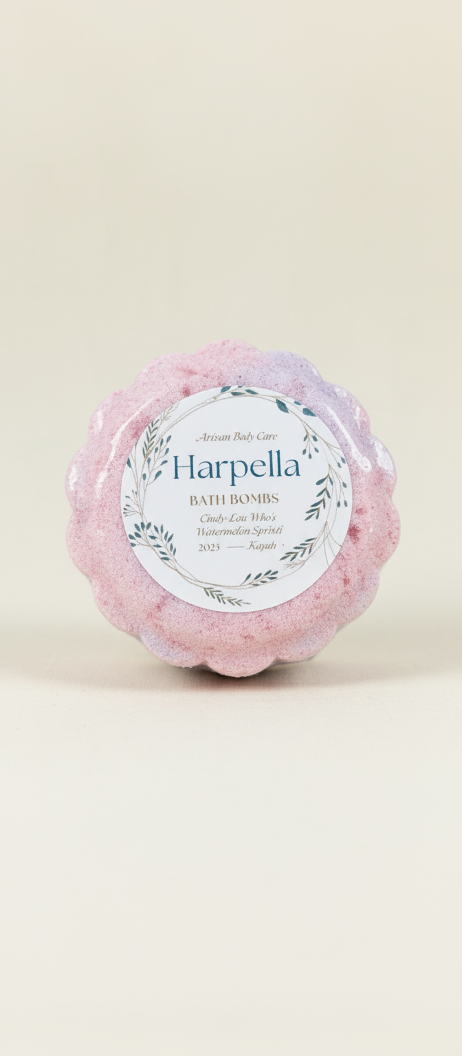 Harpella bath bomb with label visible