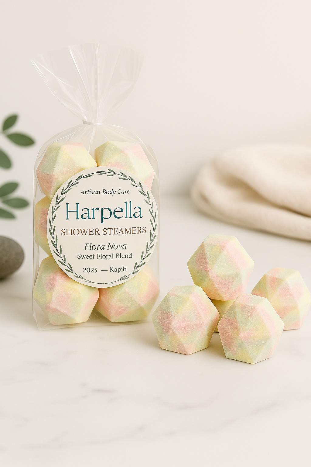 Harpella Shower Steamers - Flora Nova Sweet Floral Blend with Package