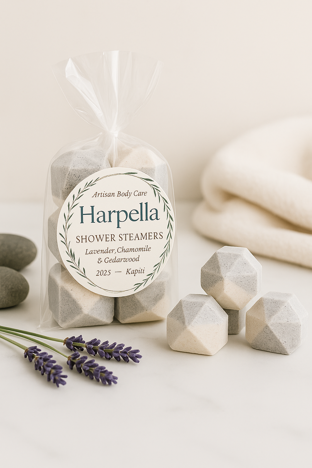 Harpella Shower Steamers - Lavender, Chamomile & Cedarwood with Label